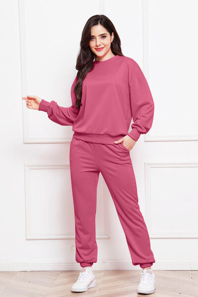 Round Neck Long Sleeve Sweatshirt and Pants Set - Flyclothing LLC