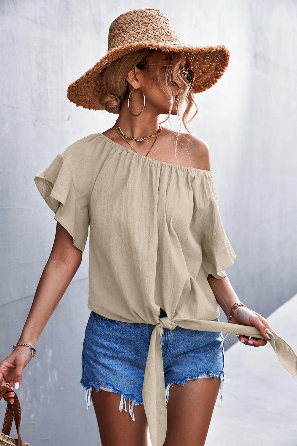 Flutter Sleeve Tie-Front Blouse - Flyclothing LLC