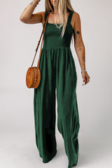 Smocked Square Neck Wide Leg Jumpsuit with Pockets - Flyclothing LLC