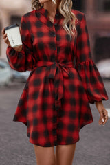 Plaid Tie Waist Balloon Sleeve Mini Dress - Flyclothing LLC