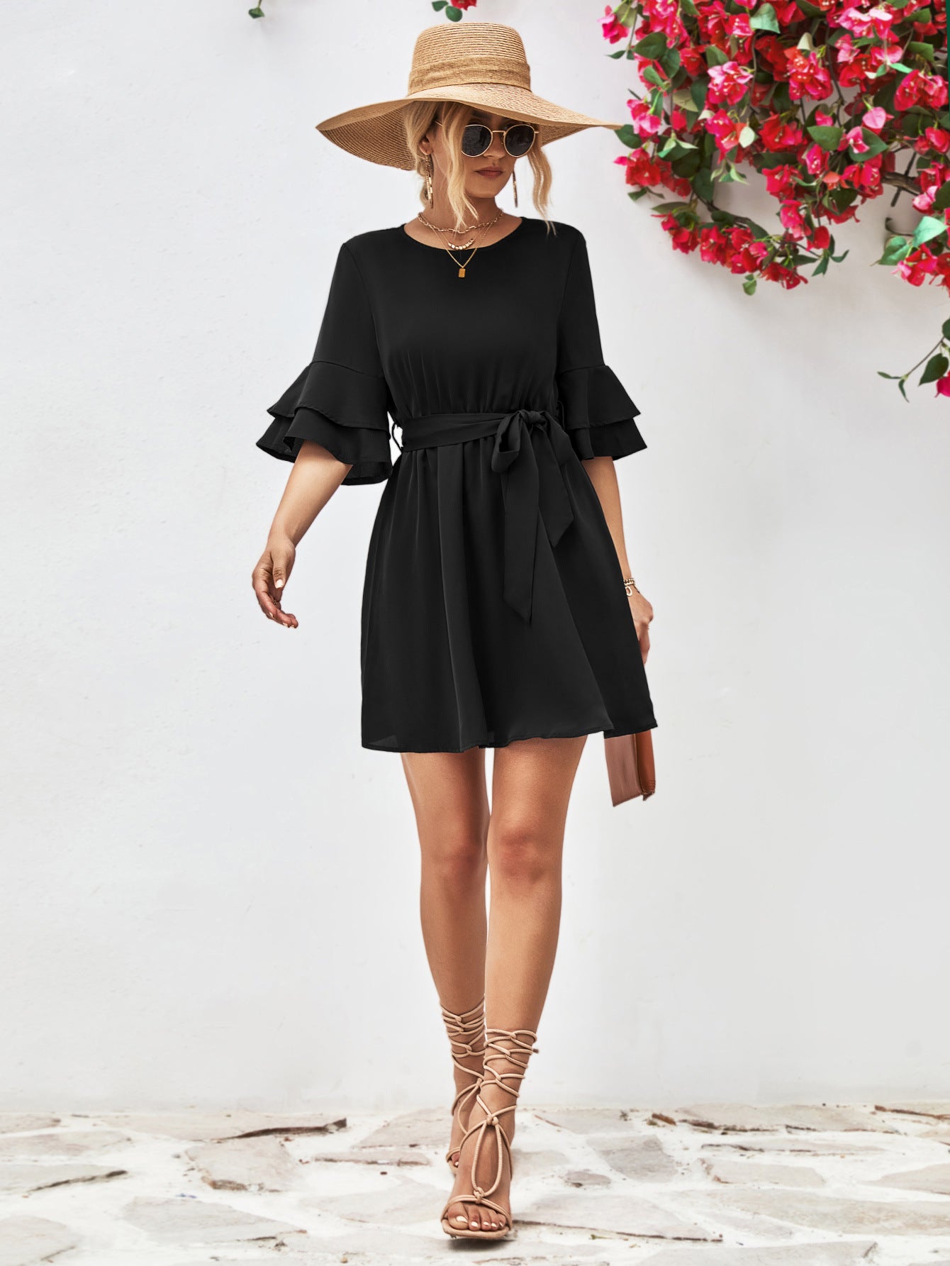 Round Neck Tie Belt Flounce Sleeve Dress - Flyclothing LLC