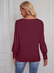 Round Neck Lantern Sleeve Blouse - Flyclothing LLC