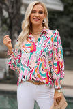 Printed Puff Sleeve Collared Blouse - Flyclothing LLC