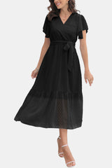 Surplice Neck Flutter Sleeve Tied Dress - Flyclothing LLC