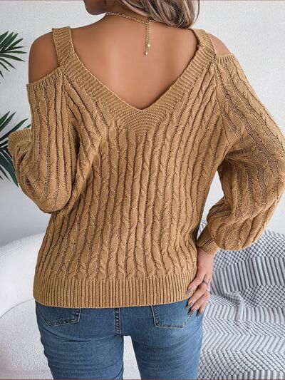 Cable-Knit Cold Shoulder Long Sleeve Sweater - Flyclothing LLC