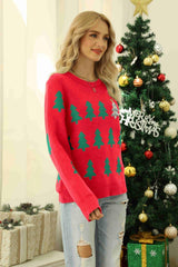 Christmas Tree Round Neck Ribbed Trim Sweater - Trendsi