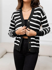 Striped Dropped Shoulder V-Neck Knit Top - Flyclothing LLC