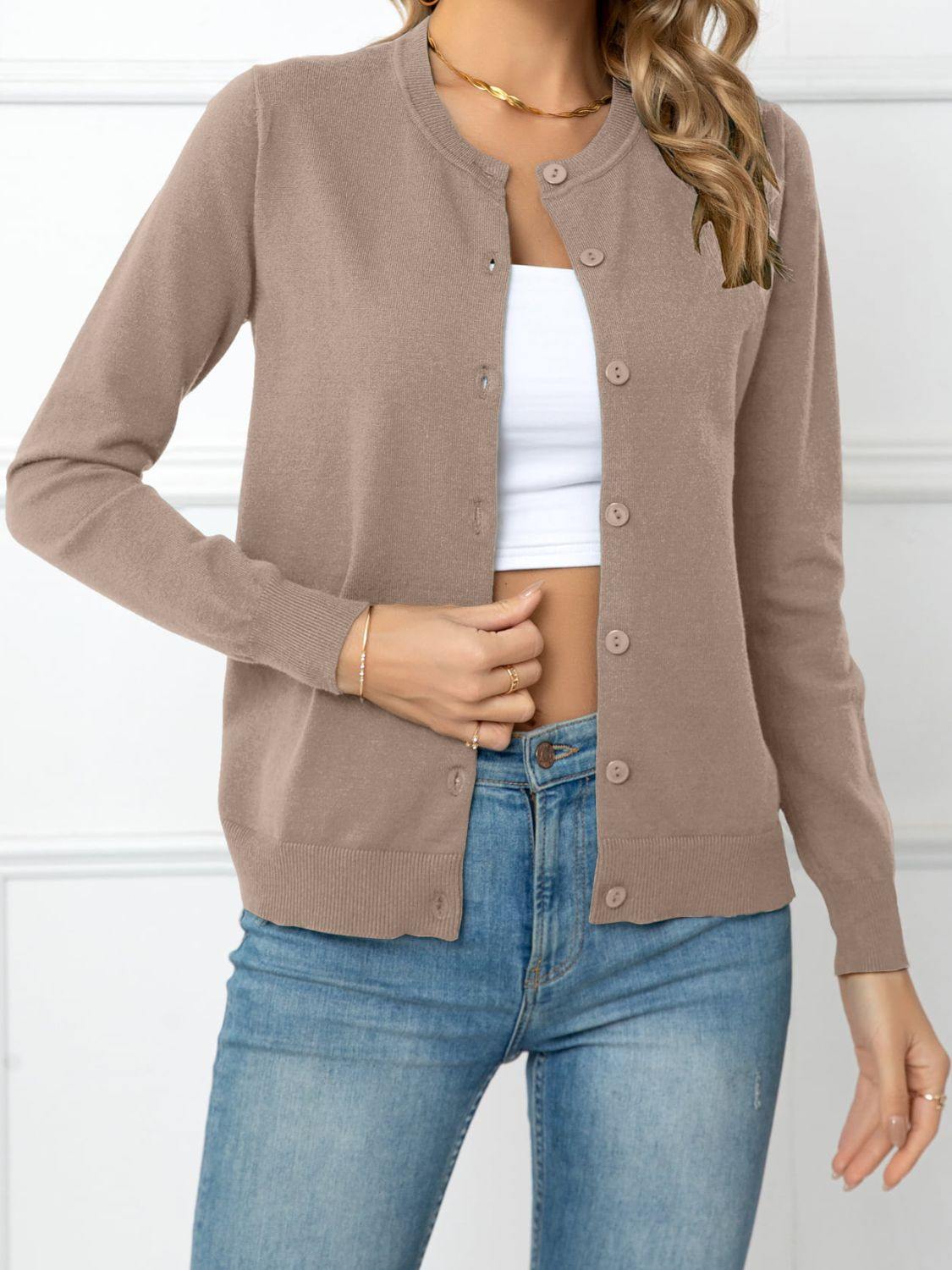 Button Down Round Neck Cardigan - Flyclothing LLC