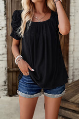 Eyelet Square Neck Puff Sleeve T-Shirt - Flyclothing LLC