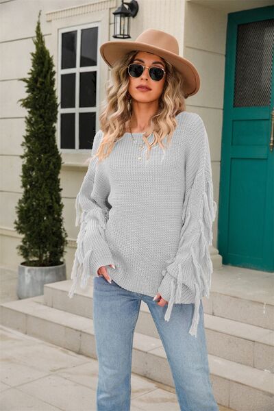 Fringe Round Neck Dropped Shoulder Sweater - Flyclothing LLC