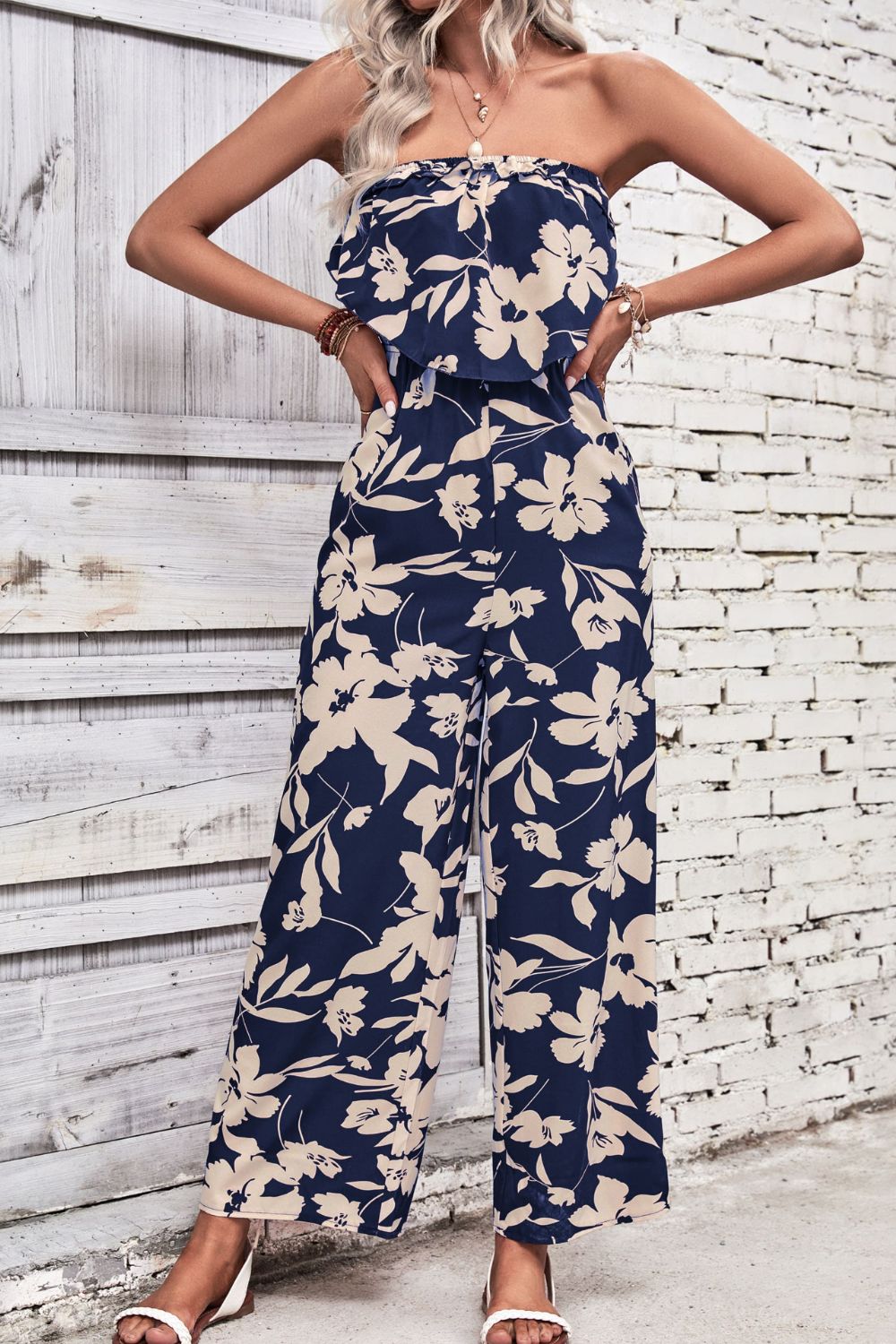 Floral Strapless Wide Leg Jumpsuit - Flyclothing LLC