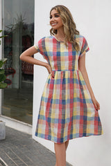 Plaid Round Neck Cap Sleeve Dress - Flyclothing LLC