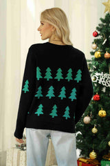 Christmas Tree Round Neck Ribbed Trim Sweater - Trendsi