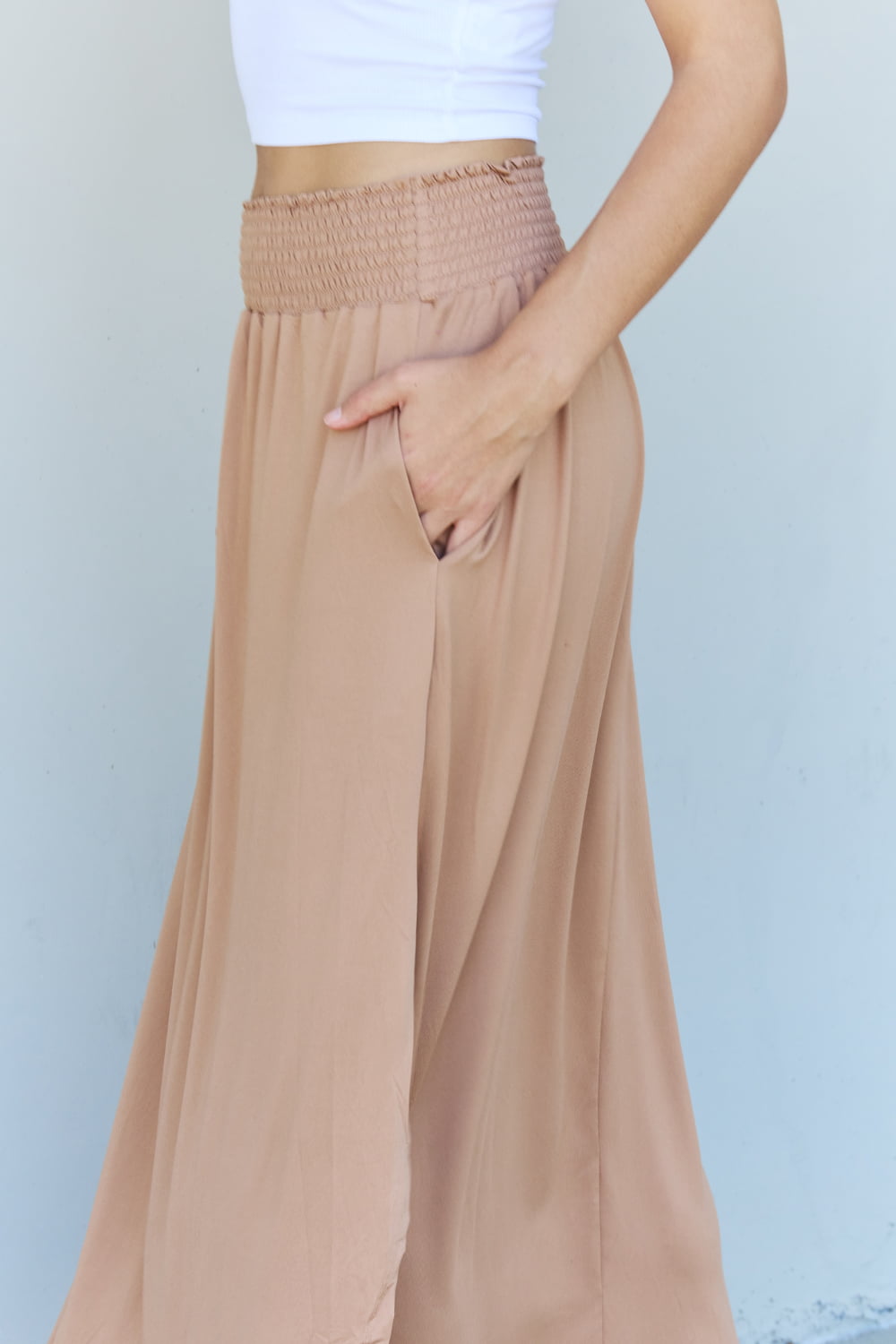 Doublju Comfort Princess Full Size High Waist Scoop Hem Maxi Skirt in Tan - Flyclothing LLC