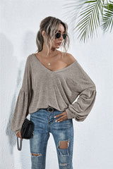 V-Neck Long Sleeve Dropped Shoulder Knit Top - Flyclothing LLC