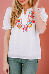 Embroidered Notched Neck Flounce Sleeve Top - Flyclothing LLC