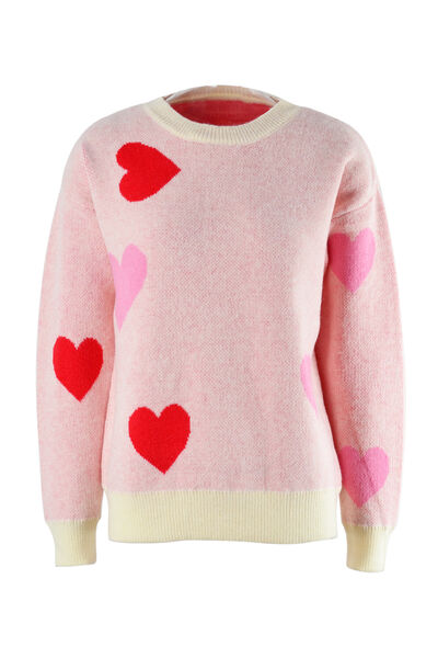 Heart Round Neck Droppped Shoulder Sweater - Flyclothing LLC