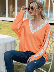 Contrast Spliced Lace V-Neck Top - Flyclothing LLC