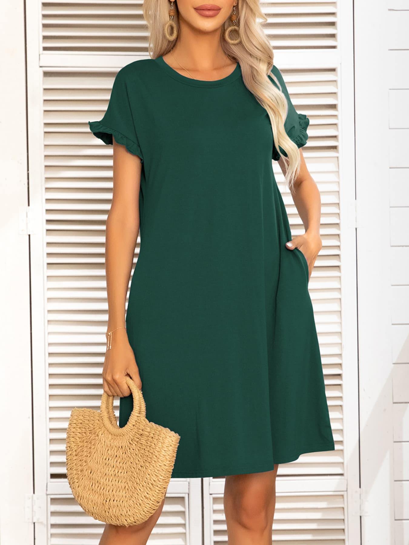 Round Neck Flounce Sleeve Dress with Pockets - Flyclothing LLC