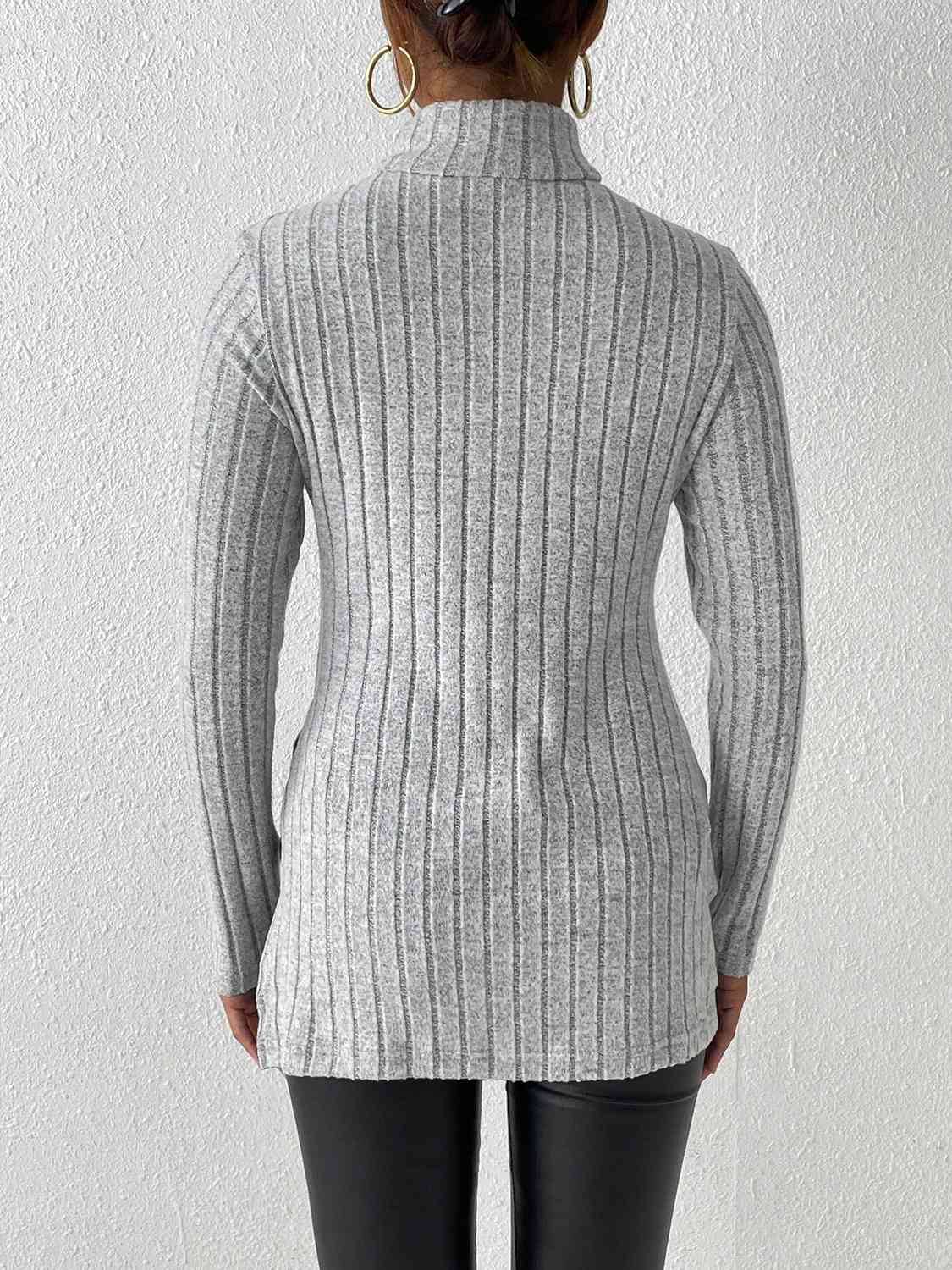 Ribbed Turtleneck Long Sleeve Slit T-Shirt - Flyclothing LLC