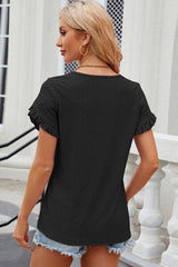 Eyelet Round Neck Petal Sleeve T-Shirt - Flyclothing LLC