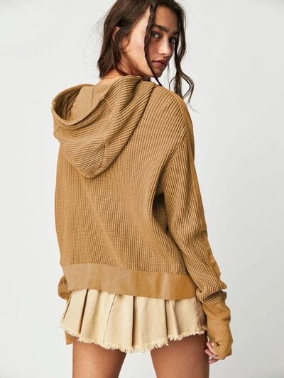 Waffle-Knit Dropped Shoulder Hooded Jacket - Flyclothing LLC