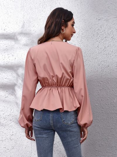 V-Neck Balloon Sleeve Peplum Blouse - Flyclothing LLC