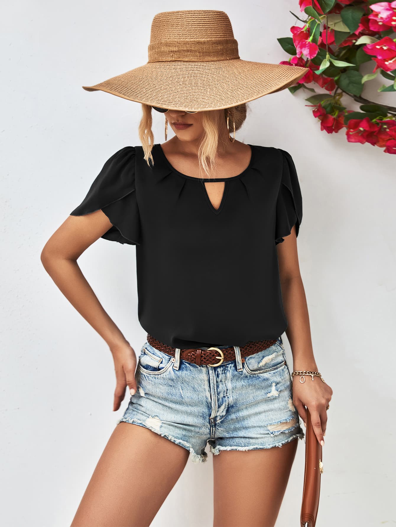 Cutout Round Neck Petal Sleeve Blouse - Flyclothing LLC