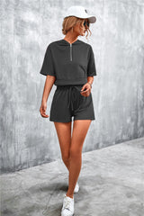 Half Zip Cropped Hooded T-Shirt and Shorts Set - Flyclothing LLC