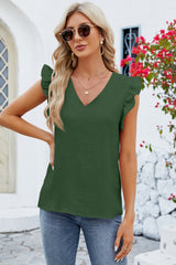 Ruffled V-Neck Cap Sleeve Blouse - Flyclothing LLC