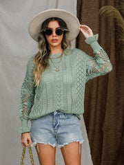 Eyelet Crochet Lantern Sleeve Sweater - Trendsi