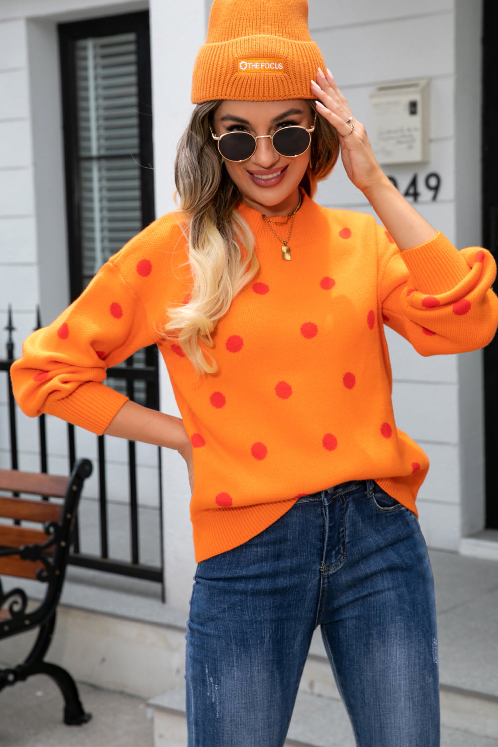 Polka Dot Round Neck Dropped Shoulder Sweater - Flyclothing LLC