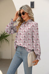 Printed Tie Neck Flounce Sleeve Blouse - Flyclothing LLC