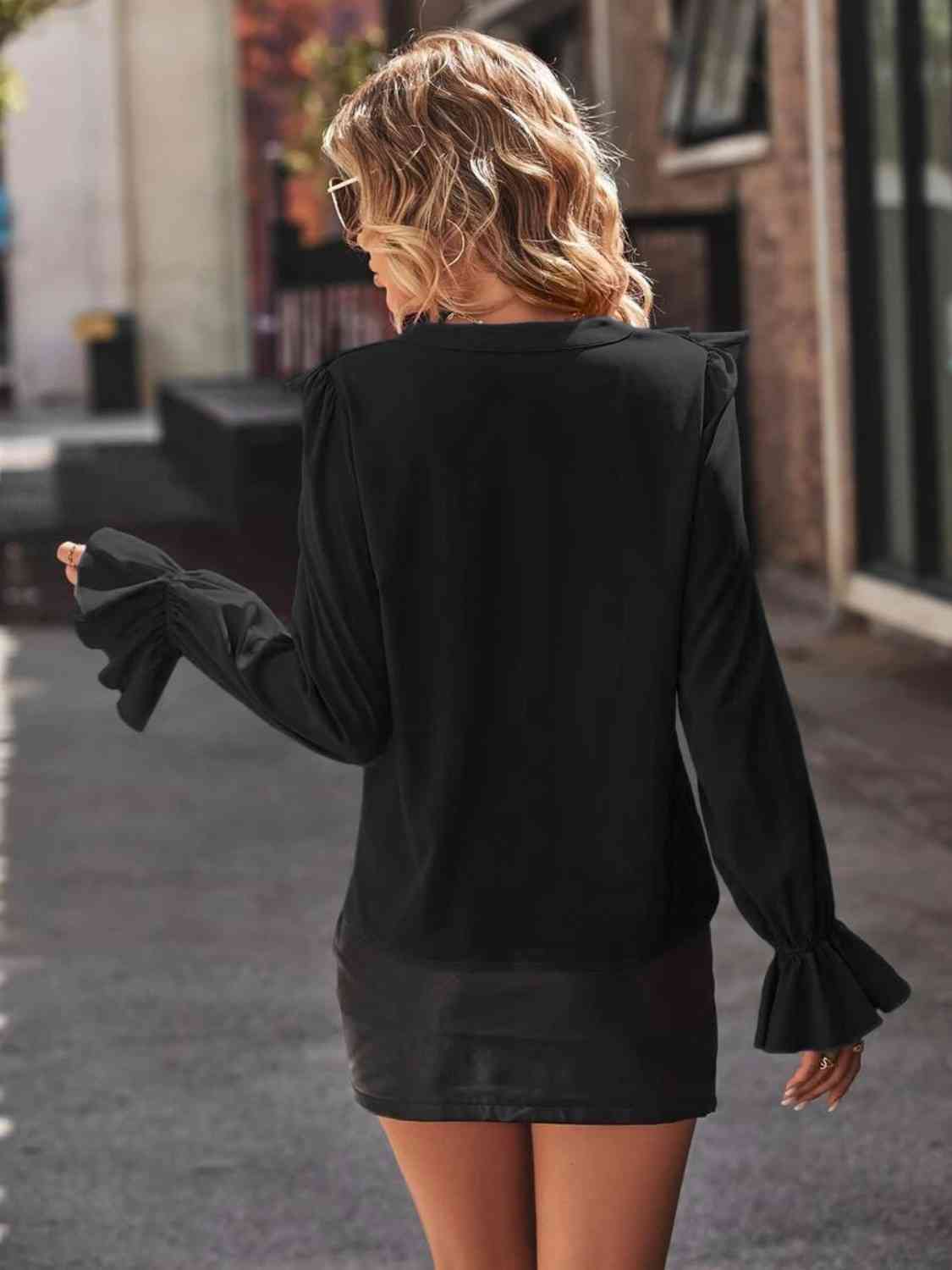 Ruffled V-Neck Flounce Sleeve Shirt