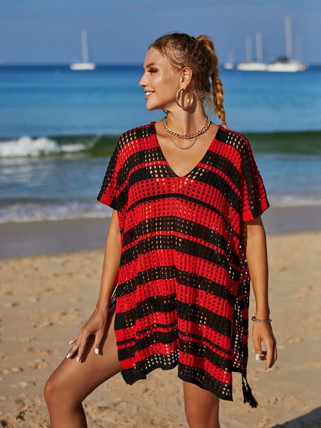 Tassel Openwork Striped V-Neck Cover Up - Flyclothing LLC