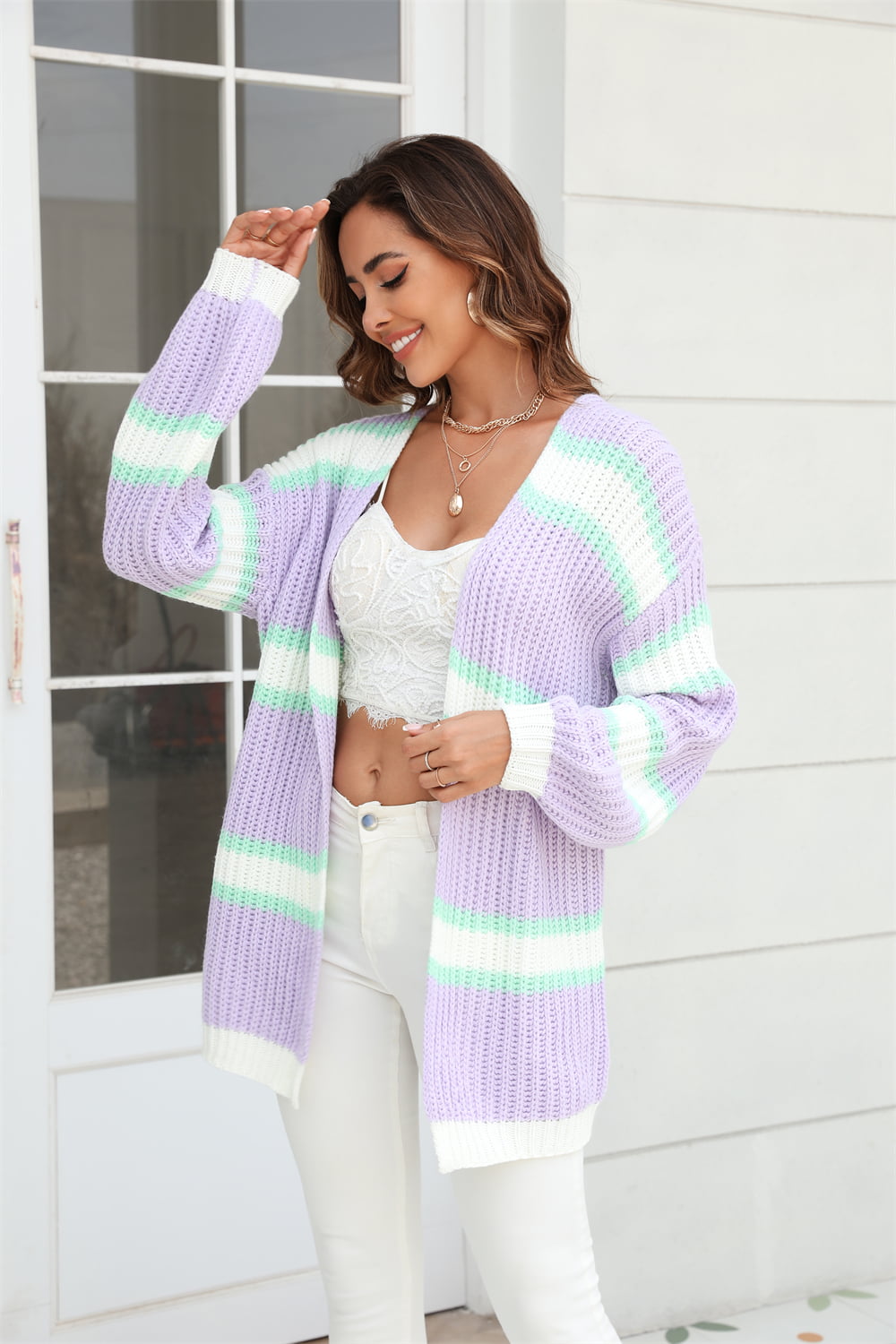 Color Block Ribbed Dropped Shoulder Open Front Cardigan - Flyclothing LLC