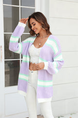 Color Block Ribbed Dropped Shoulder Open Front Cardigan - Trendsi