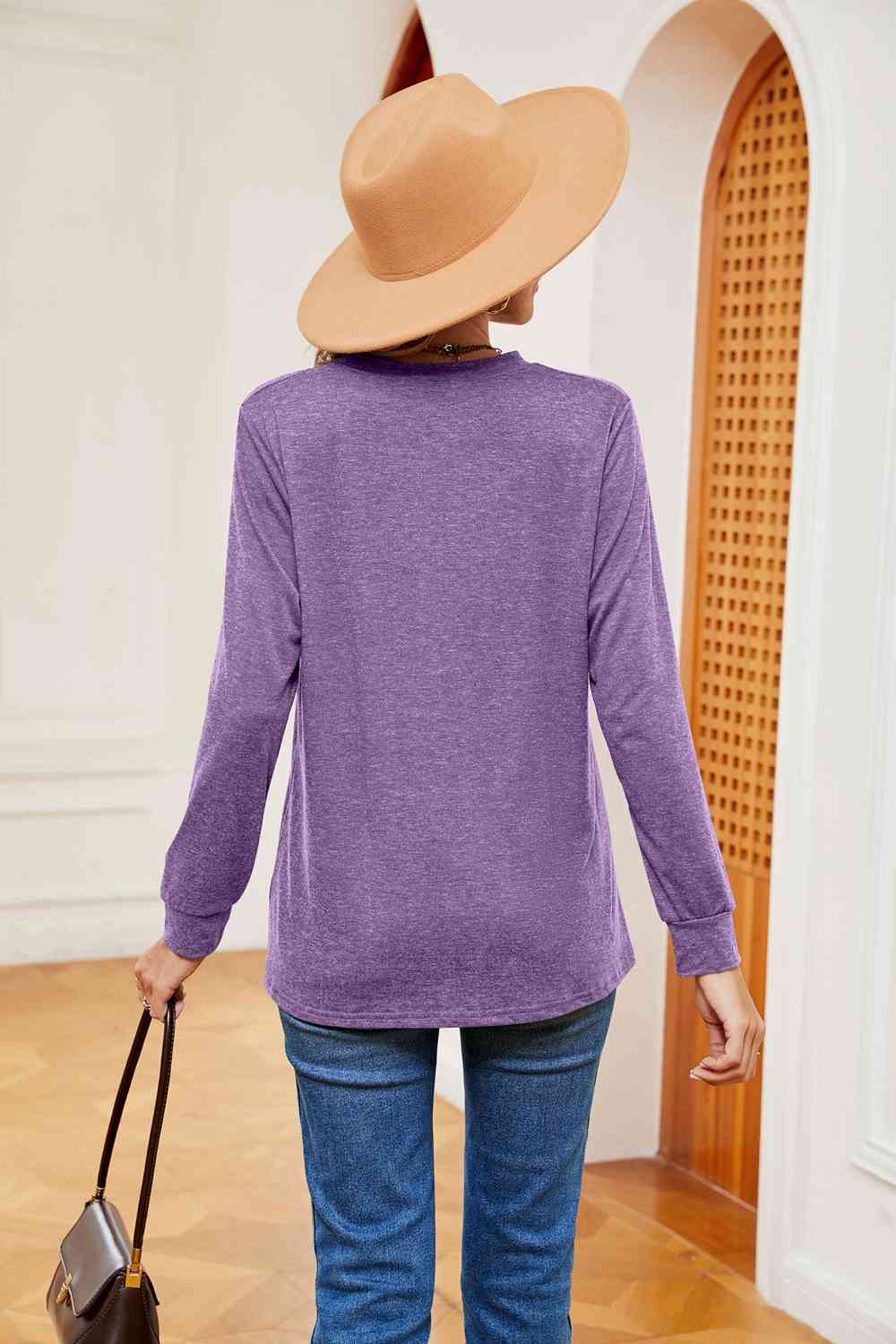 Buttoned Notched Neck Long Sleeve Top - Trendsi