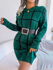 Plaid Round Neck Dropped Shoulder Sweater Dress - Flyclothing LLC