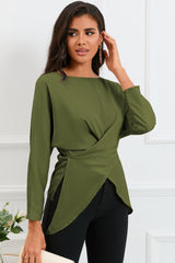 Boat Neck Back Tie Long Sleeve Satin Blouse - Flyclothing LLC