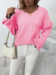 Ruffled V-Neck Dropped Shoulder Sweater - Flyclothing LLC