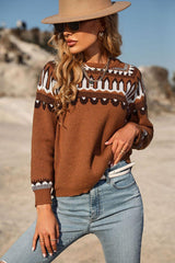 Sweet and Casual Patterned Round Neck Sweater - Flyclothing LLC