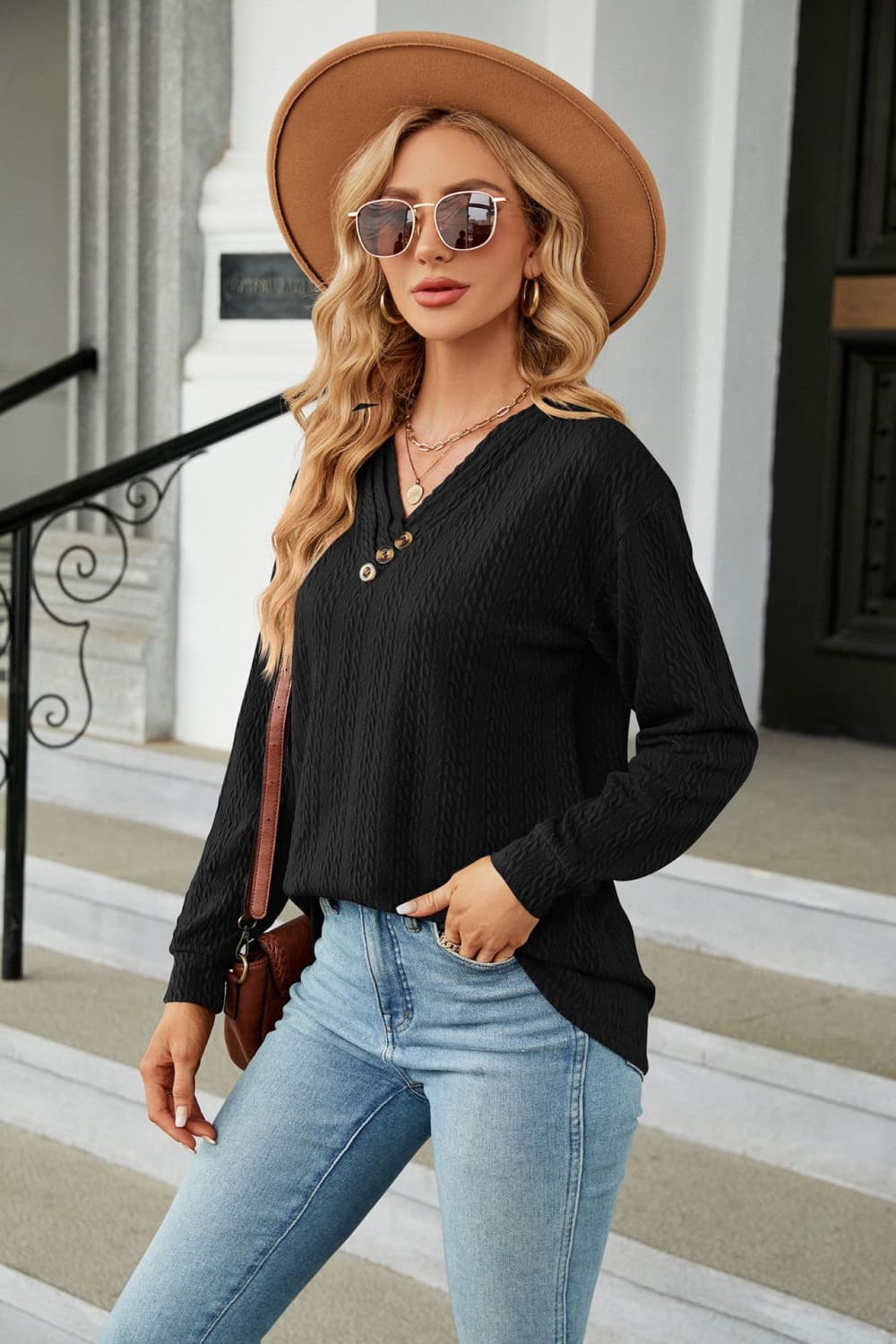 Decorative Button V-Neck Long Sleeve T-Shirt - Flyclothing LLC