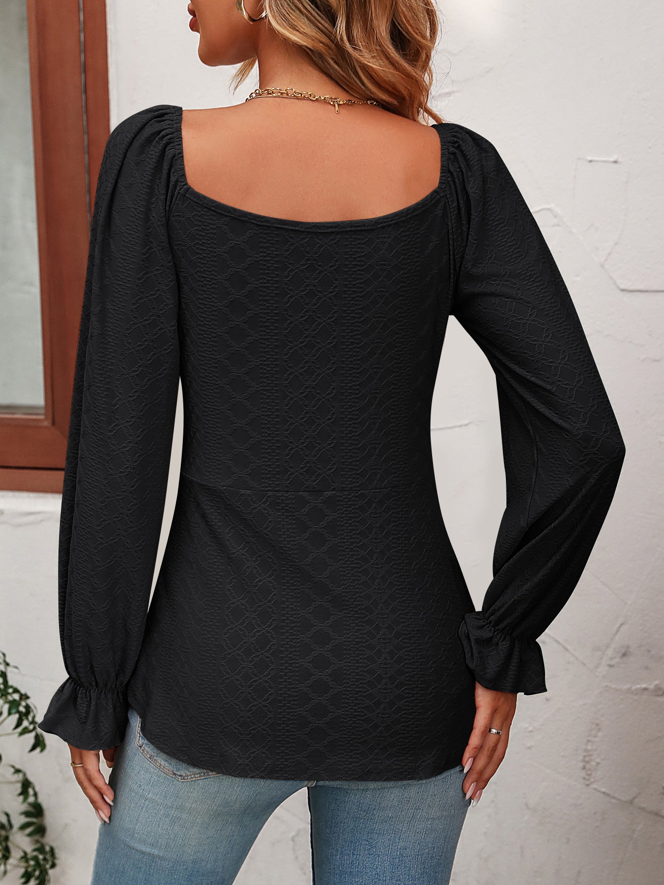 Tie Front V-Neck Puff Sleeve Blouse - Flyclothing LLC