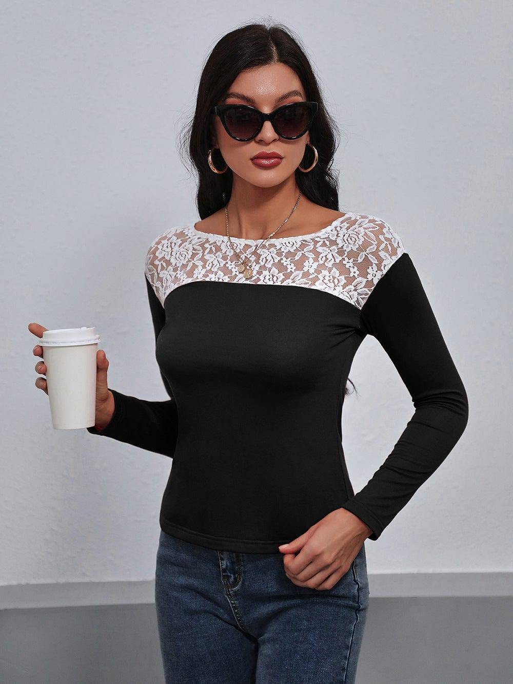 Lace Trim Long Sleeve Round Neck Tee - Trendsi