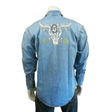 Rockmount Clothing Mens Vintage Denim Steer Skull & Arrow Chain Stitch Embroidery Western Shirt - Rockmount Clothing