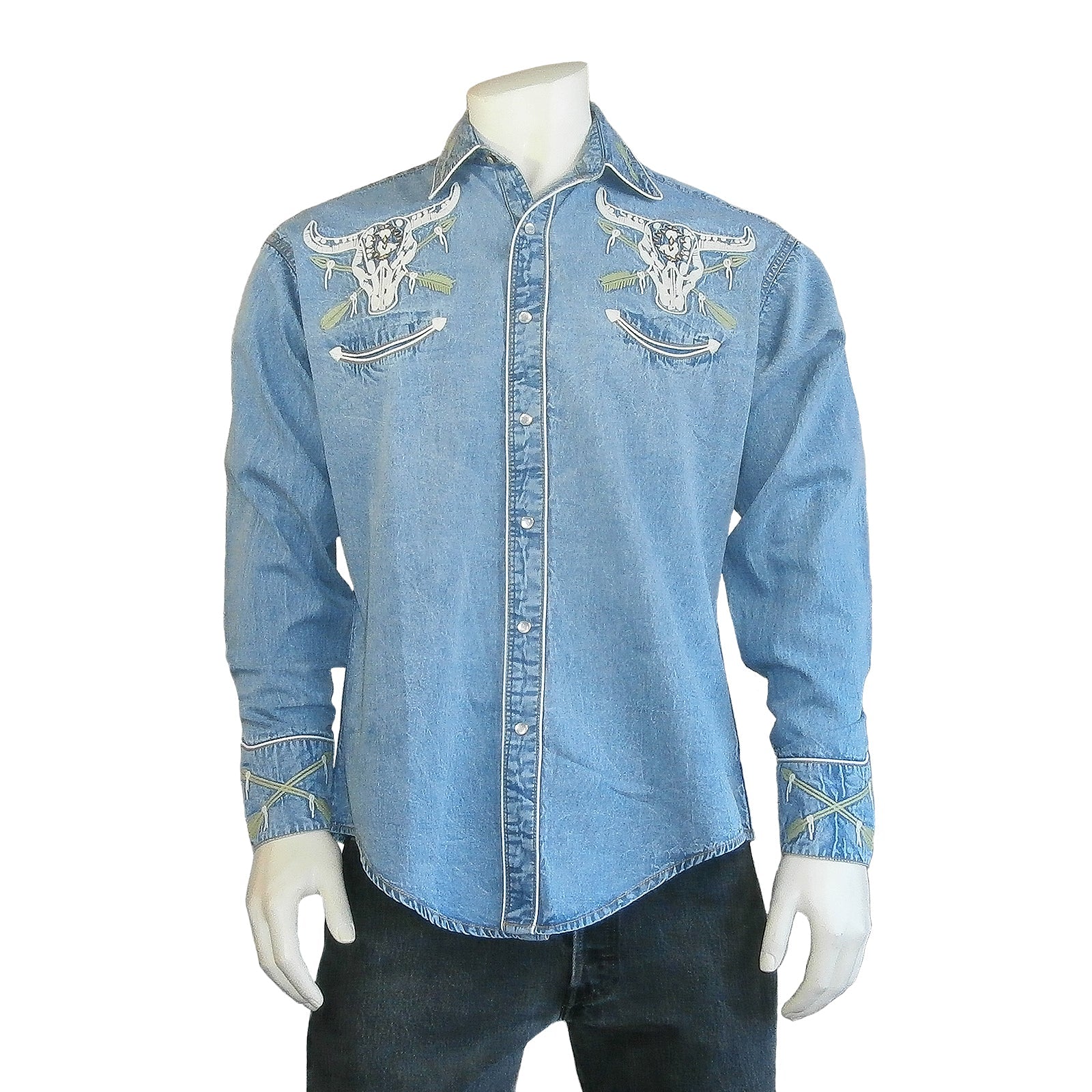 Rockmount Clothing Mens Vintage Denim Steer Skull & Arrow Chain Stitch Embroidery Western Shirt - Rockmount Clothing