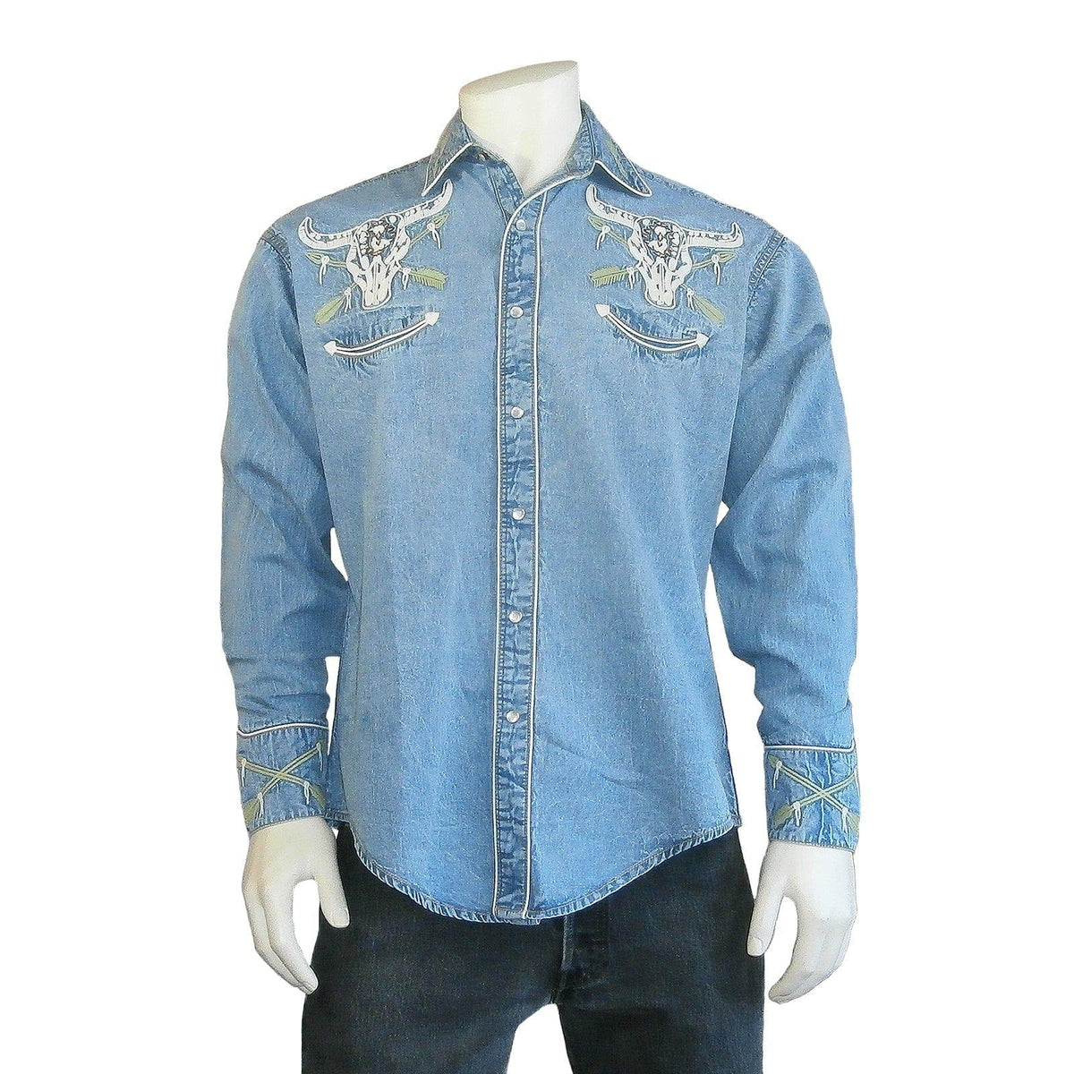 Rockmount Clothing Mens Vintage Denim Steer Skull & Arrow Chain Stitch Embroidery Western Shirt - Rockmount Clothing