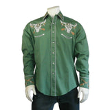 Rockmount Clothing Mens Vintage Green Steer Skull & Arrow Chain Stitch Embroidery Western Shirt - Rockmount Clothing