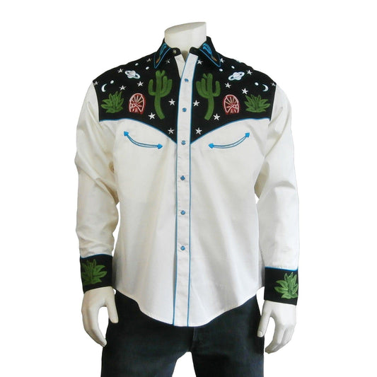 Rockmount Clothing Men's Black Vintage Cactus & Stars Chain Stitch Embroidery Western Shirt - Rockmount Clothing